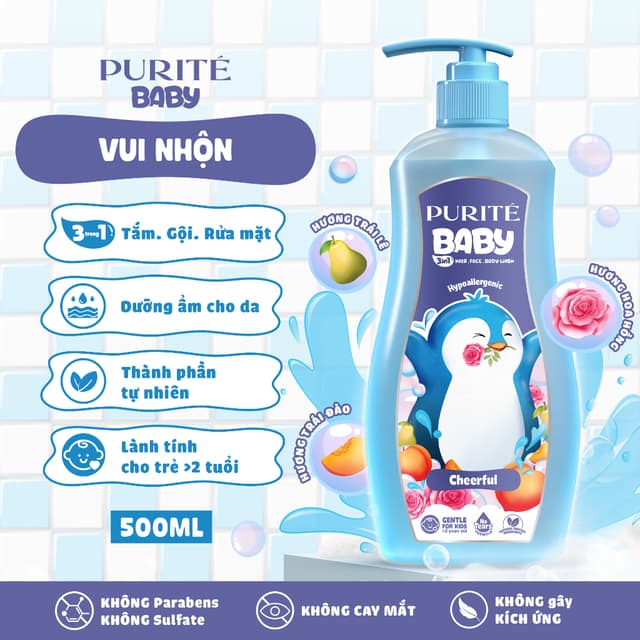 Sữa tắm gội em bé Purite 500ml xanh Dương ( Chim Cánh Cụt) 