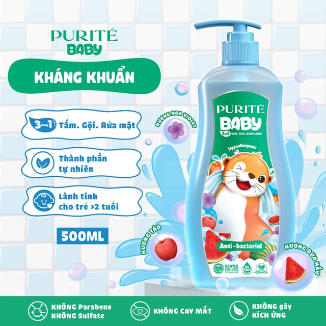 Sữa tắm gội em bé Purite 500ml Xanh Lá ( Rái Cá) 