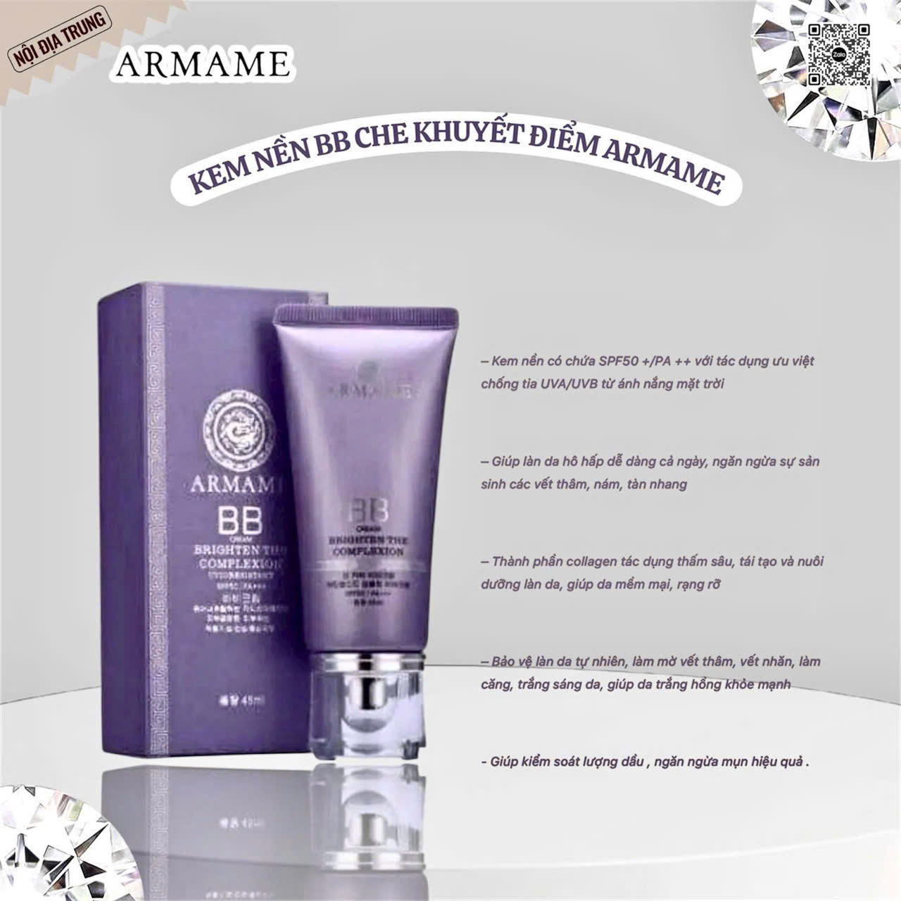 Kem Nền BB Che Khuyết Điểm Armame Tím.